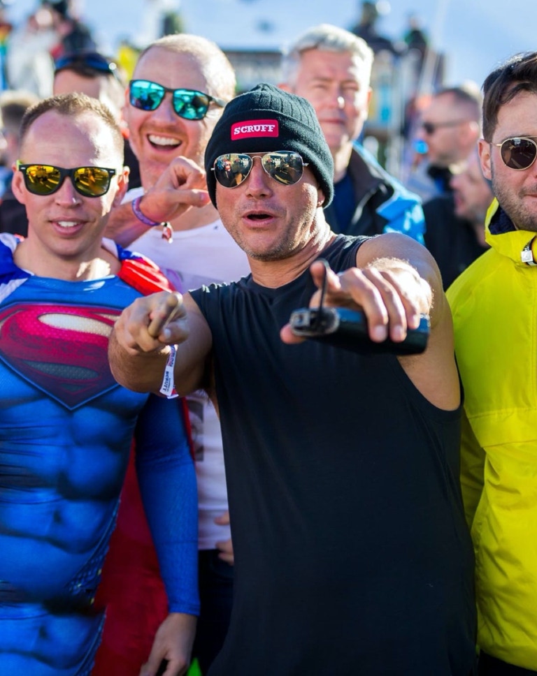 David out in the crowd Performing at European Snow Pride in Tignes, France.